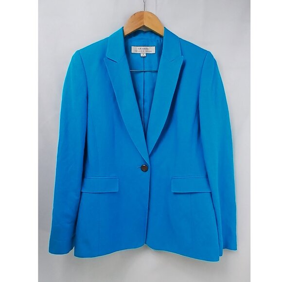 Tahari Arthur S. Levine Blue Bright One Button Closure Linen Blend Blazer EUC - Picture 1 of 8
